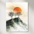 Close-up of the misty mountain and orange sun print