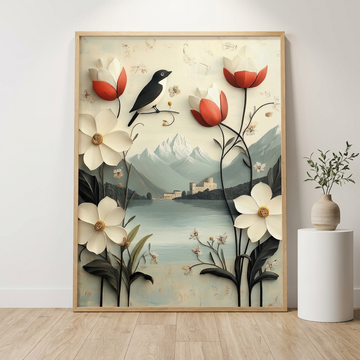 Majestic Black Bird, Serene Perch Amidst Floral Mountain Lake Landscape. High Resolution Digital Download 300 DPI