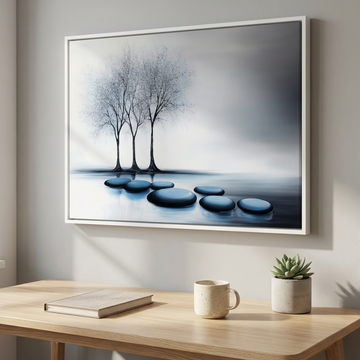 Serene Abstract Landscape, Elegant Trees and Blue Stones in Monochrome Harmony. High Resolution Digital Download 300 DPI