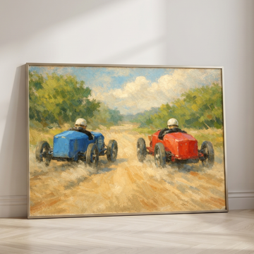 Vintage Blue and Red Race Cars Oil Painting Nursery Wall Art. High Resolution Digital Download 300 DPI.