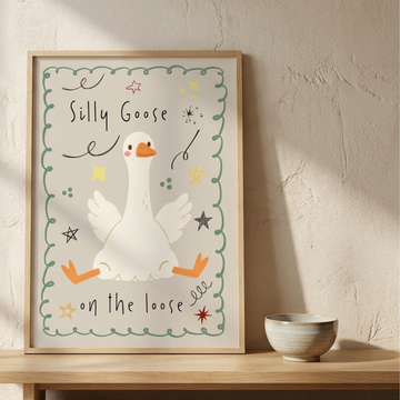 Silly Goose On The Loose Whimsical Nursery Wall Art Print. High Resolution Digital Download 300 DPI