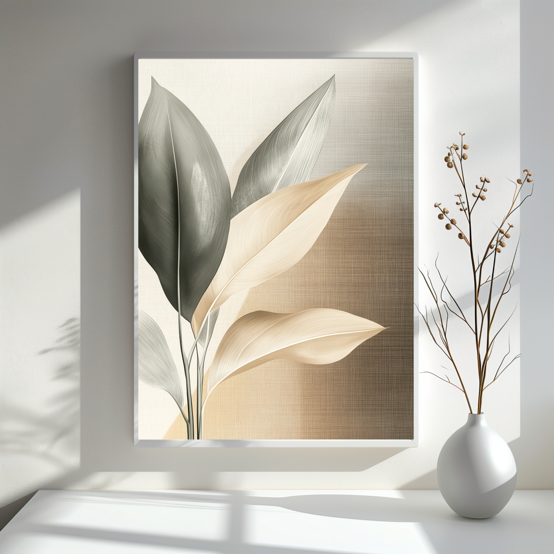 Minimal Tropical Plant Wall Art with Earthy Brown Linen Texture. High Resolution Digital Download 300 DPI.