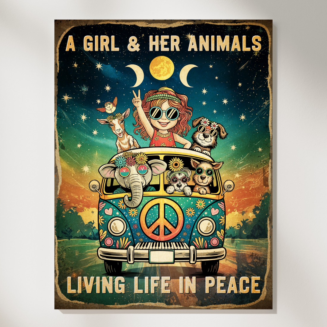 Retro Hippie Van Poster with Girl and Animals in Peaceful Style. High Resolution Digital Download 300 DPI.