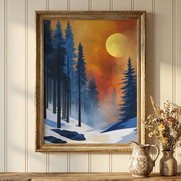 Winter Pine Forest Wall Art Moonlight Digital Painting Illustration. High Resolution Digital Download 300 DPI.