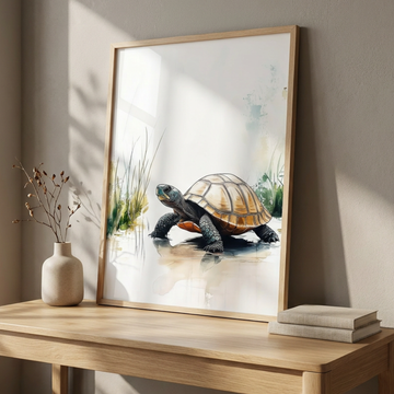 Majestic Brown Turtle, Walking Through Shallow Water Amidst Tall Grass. High Resolution Digital Download 300 DPI