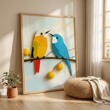 Playful Bauhaus Birds, Colorful 3D Render with Lemons in Minimalist Style. High Resolution Digital Download 300 DPI