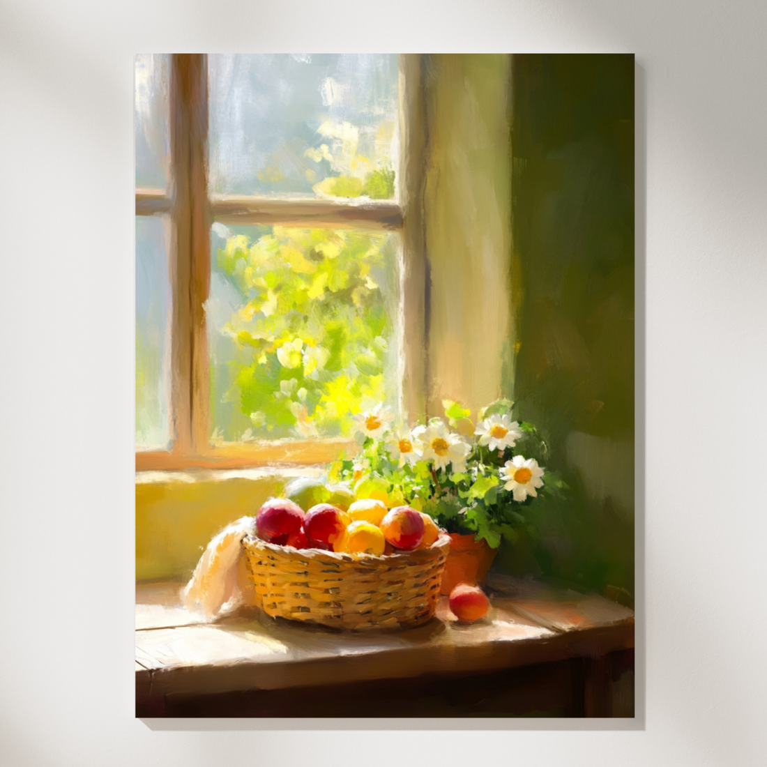 Rustic Kitchen Charm, Vibrant Fruit Basket Against Serene Green Wall. High Resolution Digital Download 300 DPI