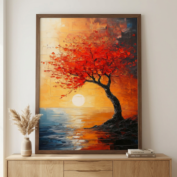 Fiery Cloud Tree, Abstract Seascape with Vibrant Red Silhouette at Sunset. High Resolution Digital Download 300 DPI