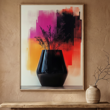 Elegant Dried Floral Arrangement, Black Vase Meets Vibrant Abstract Background. High Resolution Digital Download 300 DPI
