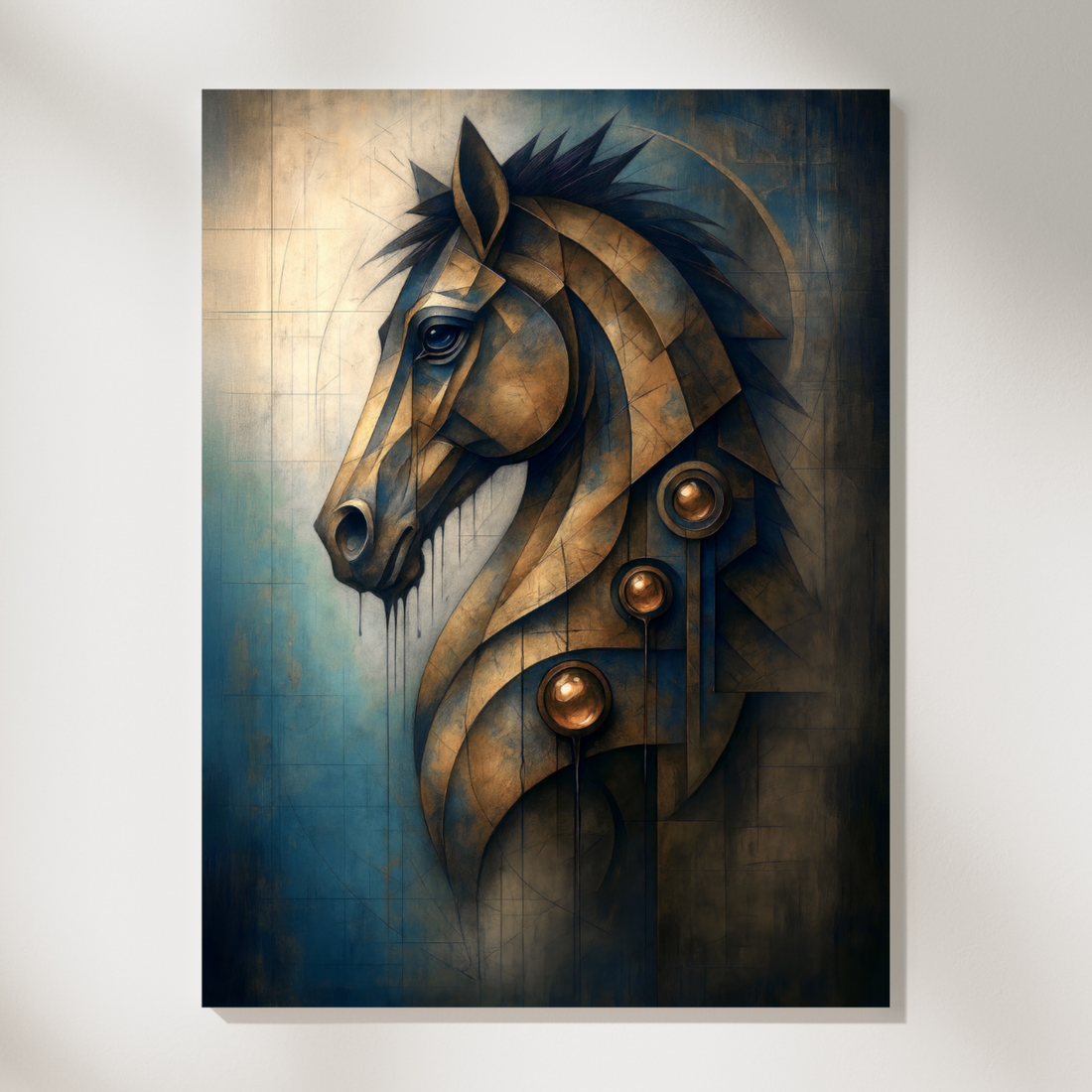 Golden Geometric Horse Steampunk Oil Painting Dark Blue Eyes Art. High Resolution Digital Download 300 DPI.