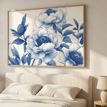 Minimalist Peony Line Art, Light Blue Stencil Design on White Tactile Background. High Resolution Digital Download 300 DPI
