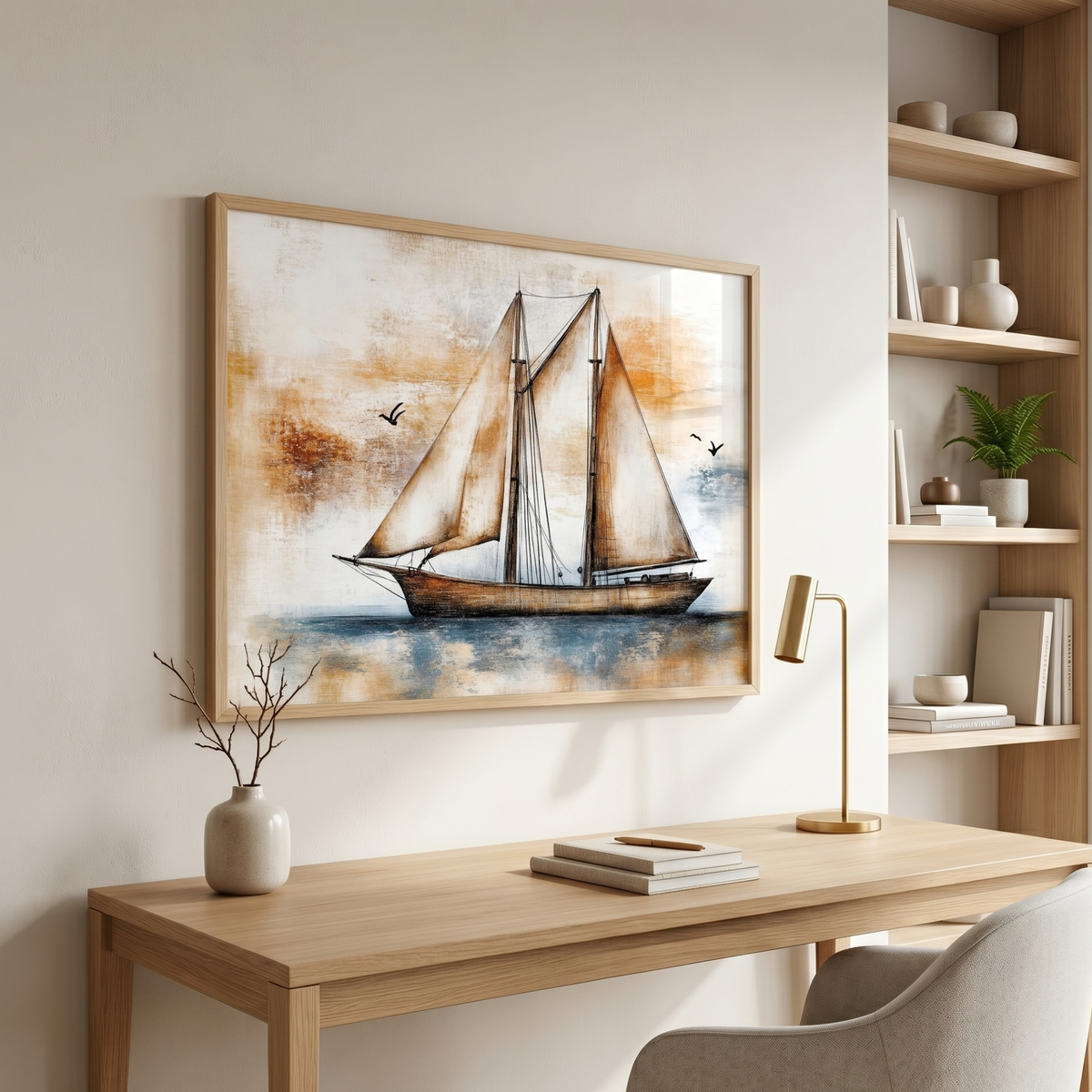 Sailing ship print above a desk