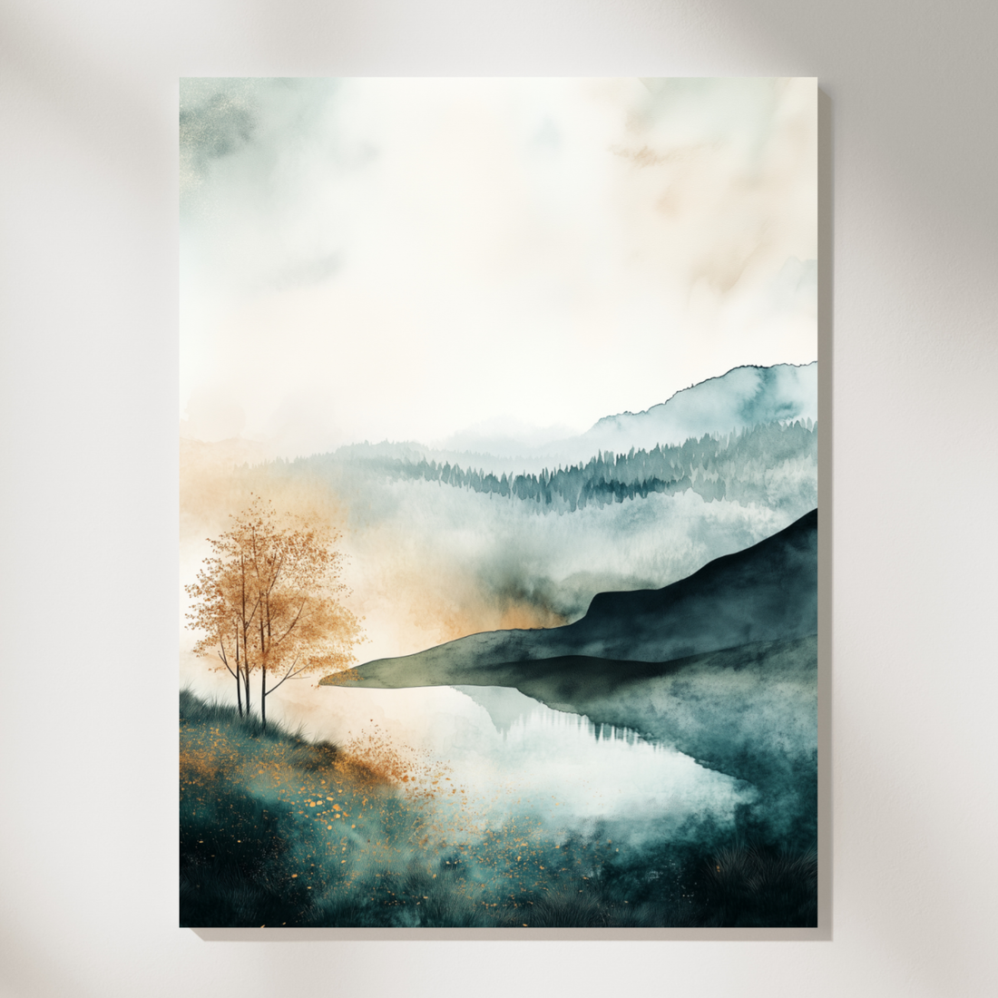 Watercolor Hills and Trees Landscape, Gold Glitter Wall Art. High Resolution Digital Download 300 DPI.