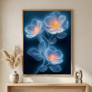 Luminous Floral Elegance, Ethereal Blue and White Blooms in Dramatic Contrast. High Resolution Digital Download 300 DPI