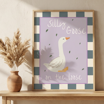 Cottage core nursery art of a white goose with a scarf inside a lavender gingham border