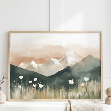 Magical Mountain Landscape Wall Art Green Meadow Poppies Evening Stars. High Resolution Digital Download 300 DPI.