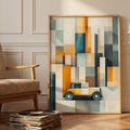 Retro geometric art of a vintage car in front of tall colorful blocks in orange, teal, navy and cream