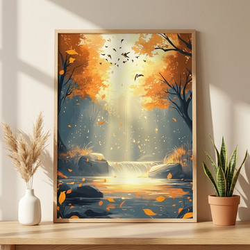 Autumn's Cascade, Serene Forest Landscape with Waterfall and Soaring Birds. High Resolution Digital Download 300 DPI