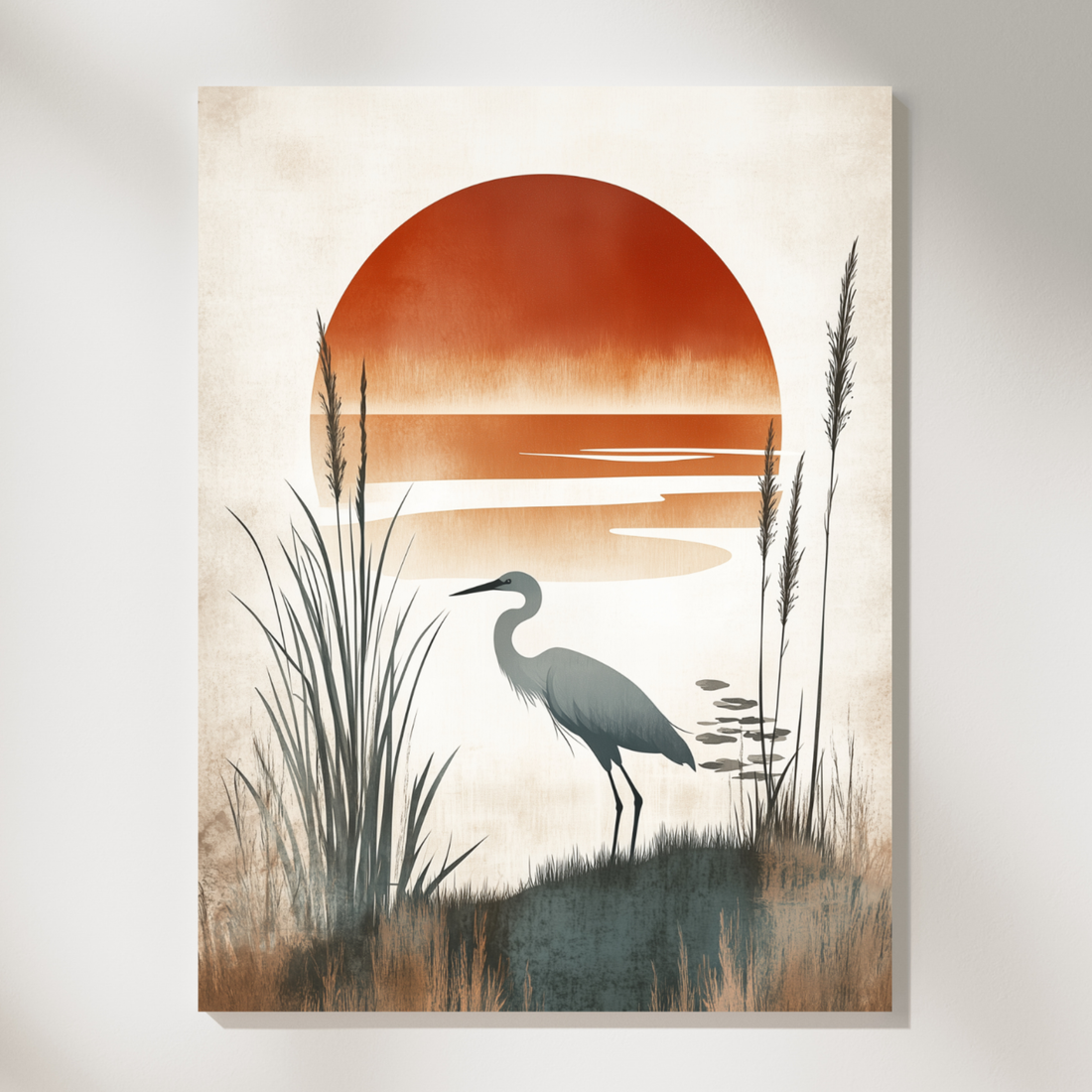 Minimalist Heron Shore Illustration, Organic Abstract Nature Wall Art Print. High Resolution Digital Download 300 DPI.