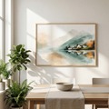 Mirror lake print above a plant and console
