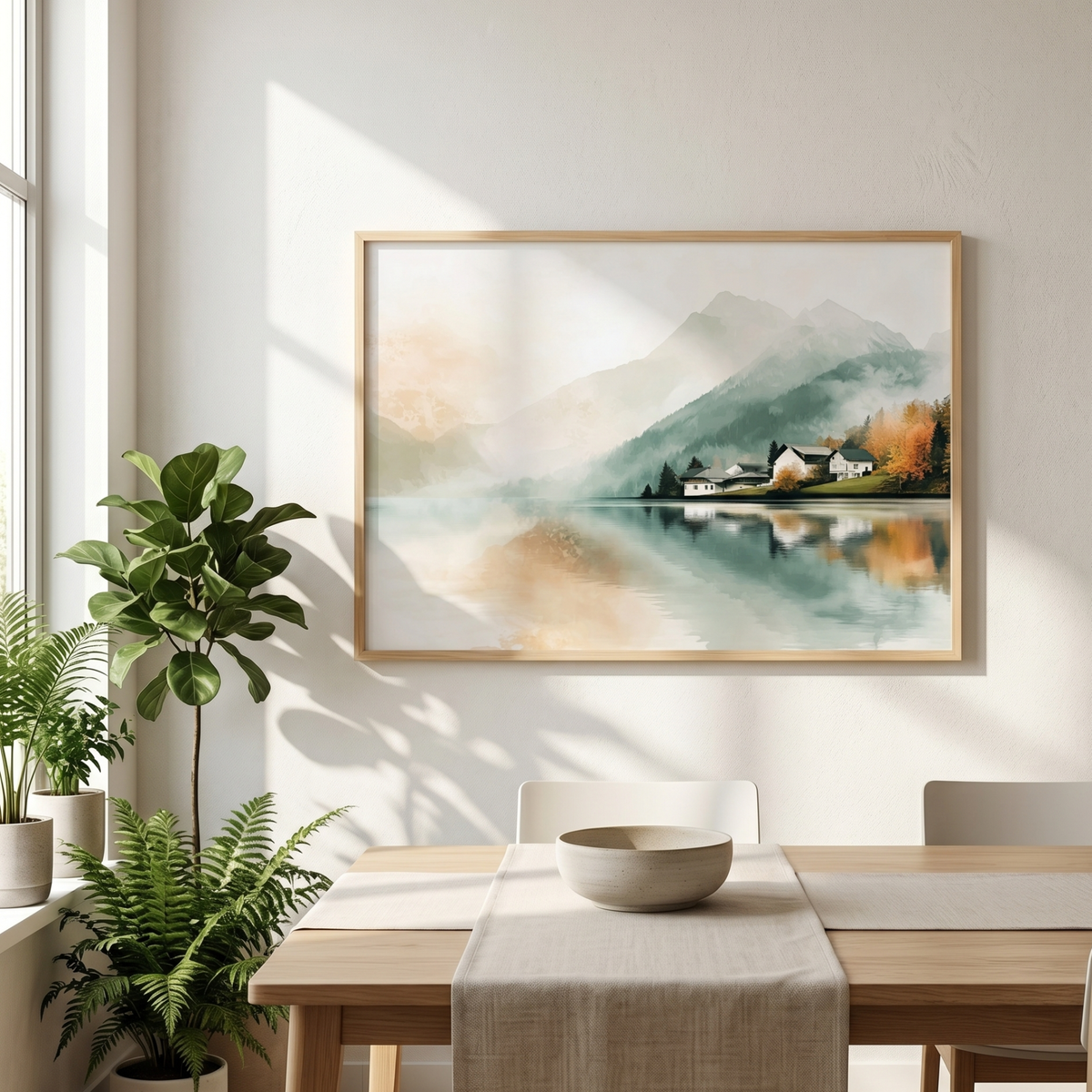 Mirror lake print above a plant and console