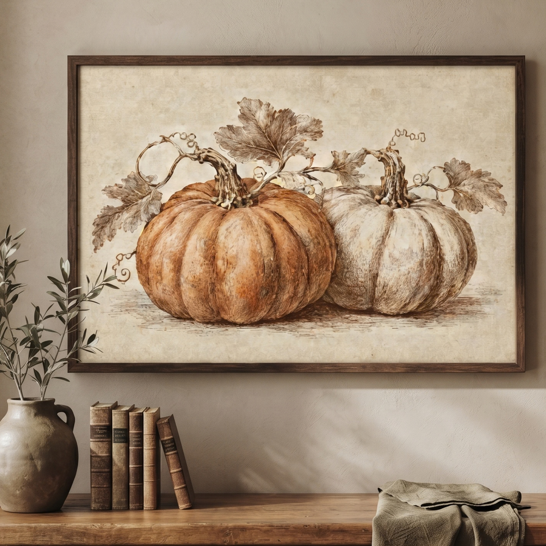 Antique botanical style print of orange and white pumpkins with leaves on aged cream paper
