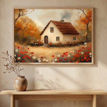 Autumn Charm, Cozy Cottage Nestled in Vibrant Seasonal Garden Landscape. High Resolution Digital Download 300 DPI