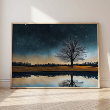 Starry Night Reflection, Bare Tree Silhouette Lake Landscape Art . High Resolution Digital Download 300 DPI.