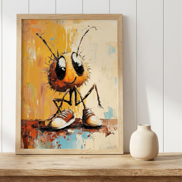 Tiny Dreamer's Big Step, Whimsical Oil Painting of Ant's Oversized Shoe Adventure. High Resolution Digital Download 300 DPI.