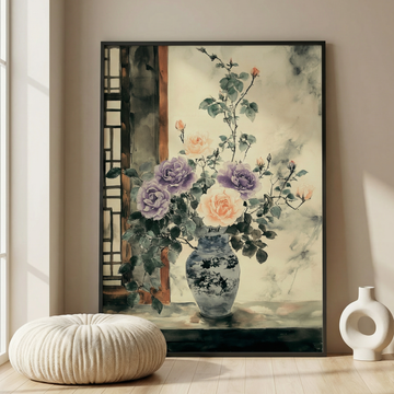 Ethereal Roses, East Asian Ink Wash Painting of Purple and Orange Blooms. High Resolution Digital Download 300 DPI