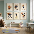 Sports animal prints on a sage wall above a desk