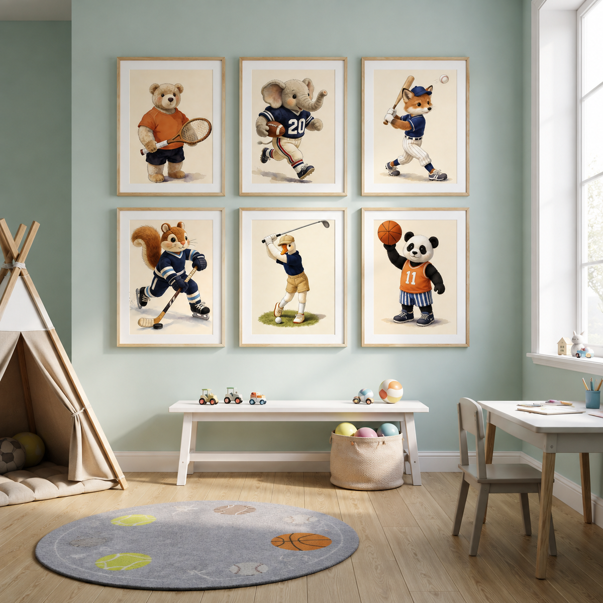 Sports animal prints on a sage wall above a desk