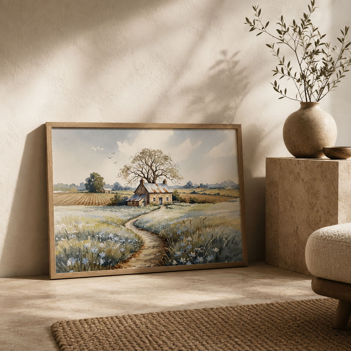 Stone cottage art leaning on a console with a vase