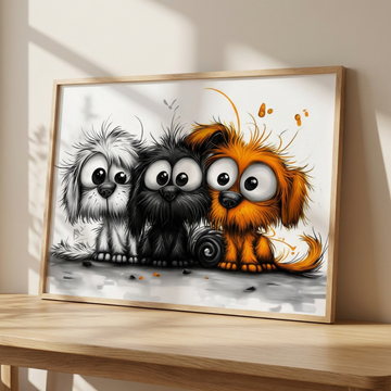 Quirky Puppy Quartet, Whimsical Wall Art with Colorful, Mischievous Canine Characters. High Resolution Digital Download 300 DPI.