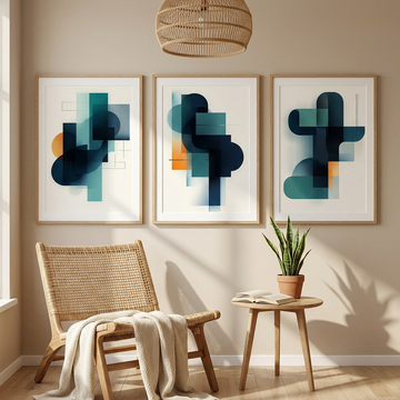 Dynamic Geometric Art, Vibrant Shapes in Orange, Blue, and Green for Creative Spaces. High Resolution Digital Download 300 DPI