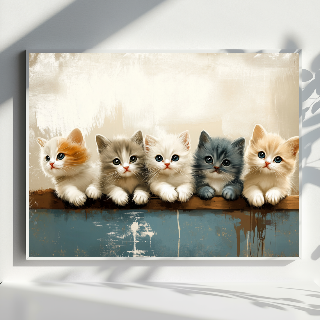 Charming Five Kittens on Wooden Bar Wall Art Print. High Resolution Digital Download 300 DPI.
