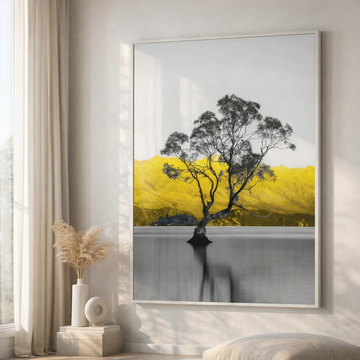 Ultra Realistic Lake Reflection Art Featuring Iconic Tree and Mountain Landscape. High Resolution Digital Download 300 DPI.