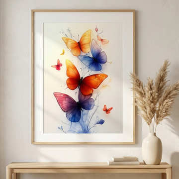 Butterfly Kaleidoscope, Vibrant Orange, Blue, and Purple Wings in Flight. High Resolution Digital Download 300 DPI