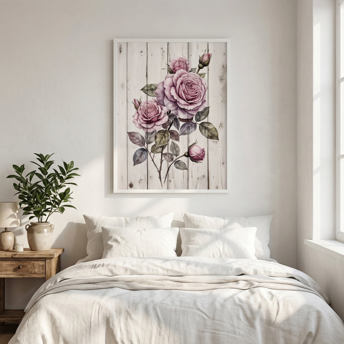 Roses on wood print above a white bed