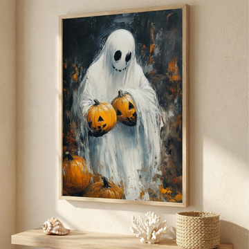 Ethereal Harvest, Impasto Ghost with Pumpkins - Haunting Autumnal Art. High Resolution Digital Download 300 DPI