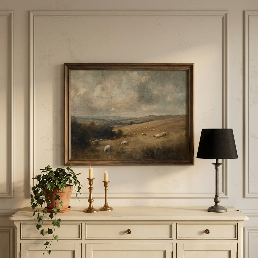 Countryside art above a white console