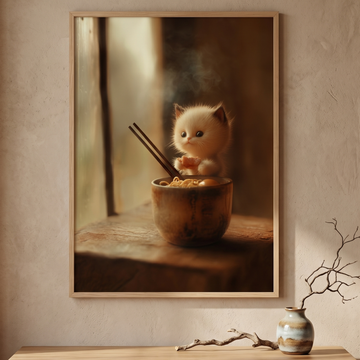 Tiny Kitten Ramen Wall Art Cute Realistic Pastel Studio Painting. High Resolution Digital Download 300 DPI.