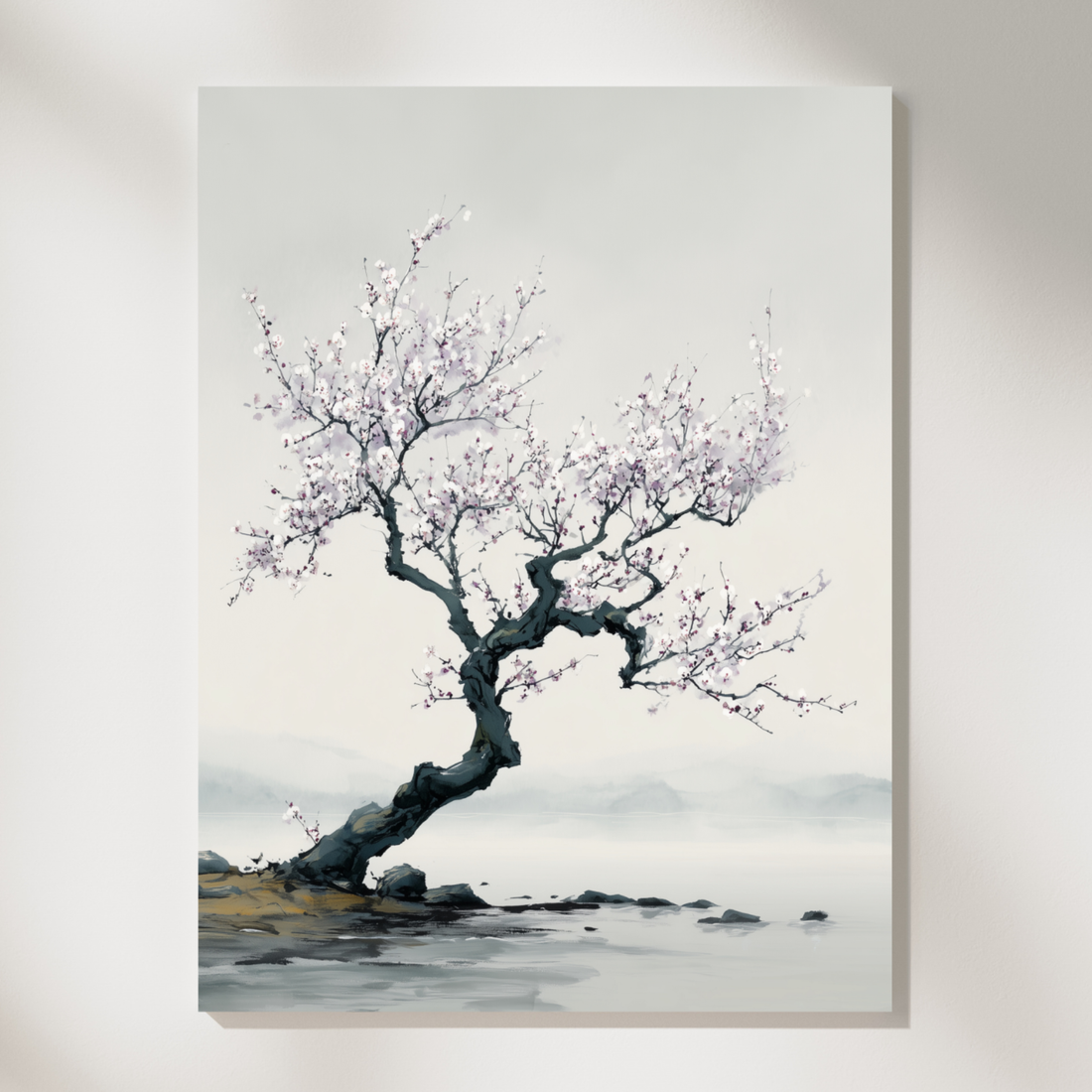 Minimalist Ink Wash Wall Art Apricot Tree Blossoms Serene River. High Resolution Digital Download 300 DPI.