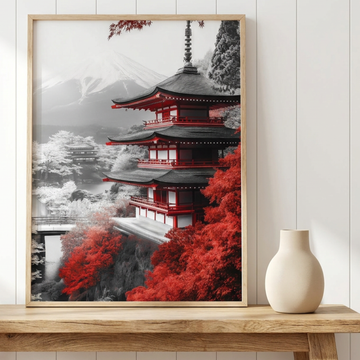 Tranquil Japanese Pagoda, Misty Mountain Landscape Art Print. High Resolution Digital Download 300 DPI.