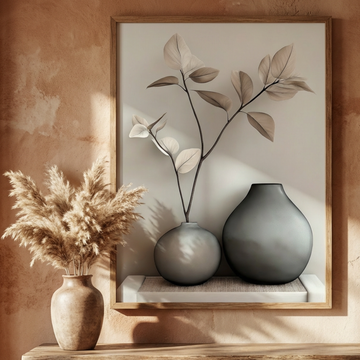 Minimalist Ceramic Elegance, Delicate Branches and Soft Gray Vases in Harmony. High Resolution Digital Download 300 DPI