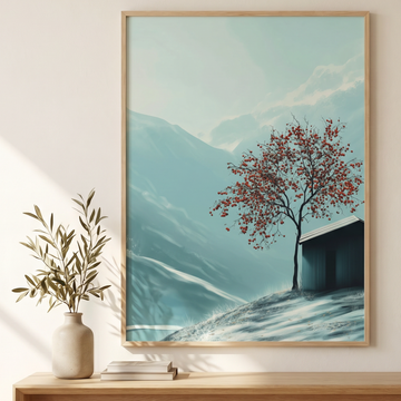 Rustic Mountain Retreat, Persimmon Tree Cottage Scenic Landscape Wall Art. High Resolution Digital Download 300 DPI.