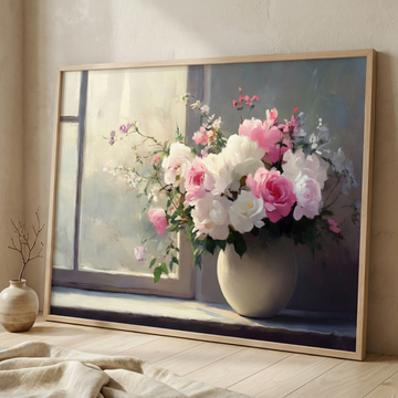 Soft Floral Elegance, Pink and White Roses Illuminated by Gentle Window Light. High Resolution Digital Download 300 DPI