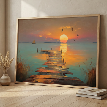 Rustic Twilight Pier Wall Art with Sunset Reflections and Birds. High Resolution Digital Download 300 DPI.