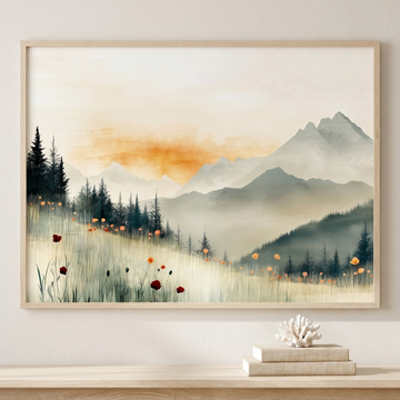 Mountain Landscape Wall Art Green Meadow Poppies Red Sunset. High Resolution Digital Download 300 DPI.