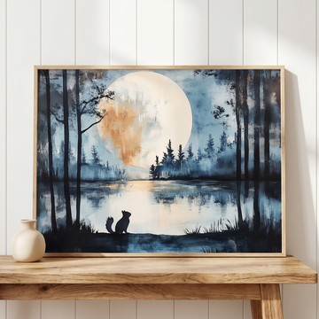 Enchanted Moonlit Forest, Squirrel's Journey to Mystical Lake Art. High Resolution Digital Download 300 DPI.